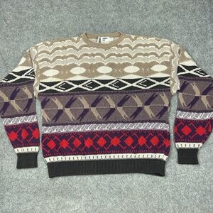VTG London Fog Sweater Mens XL Brown Red Geometric 3D Knit Cotton USA 90s Tundra